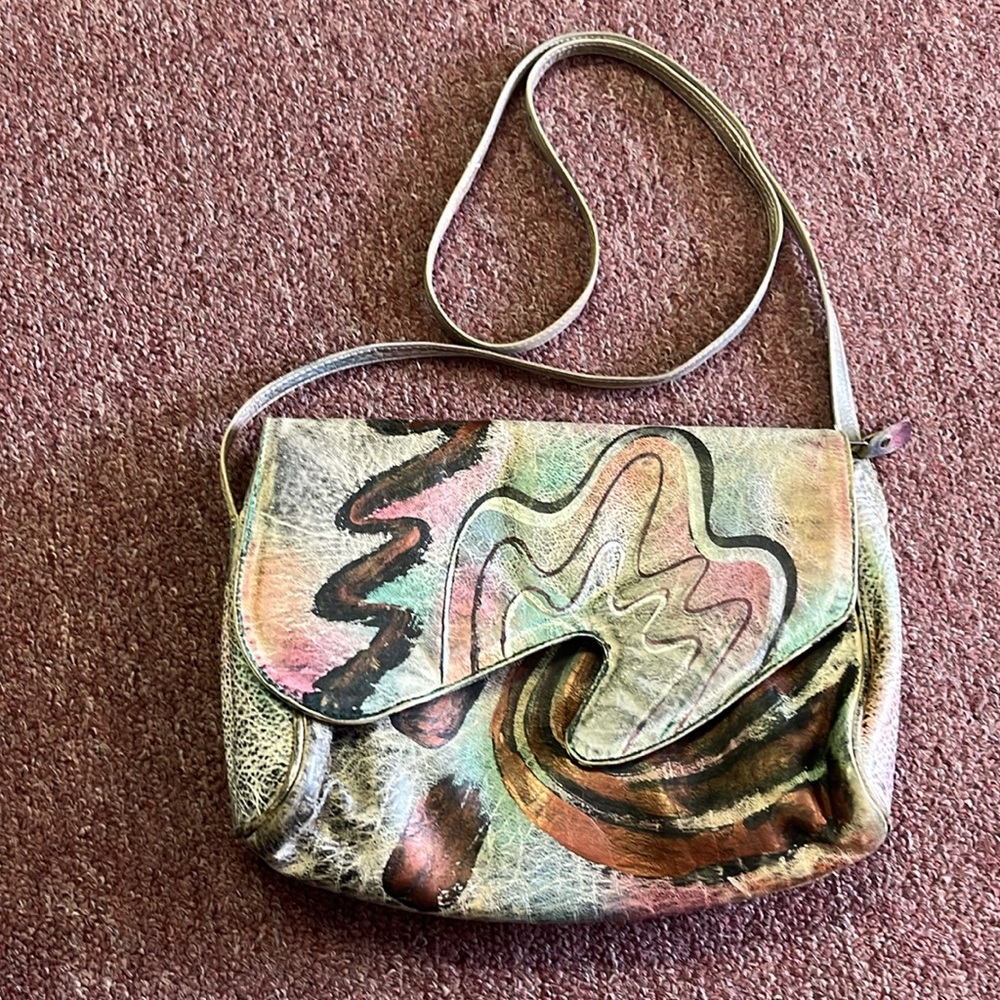Botary Abstract Multicolor Crossbody Bag Leather Hand Painted. Made in India